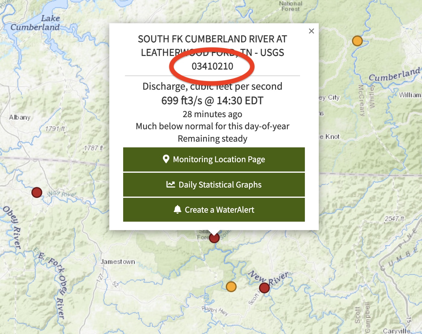 USGS dashboard map showing a gauge popup with site number 03410210